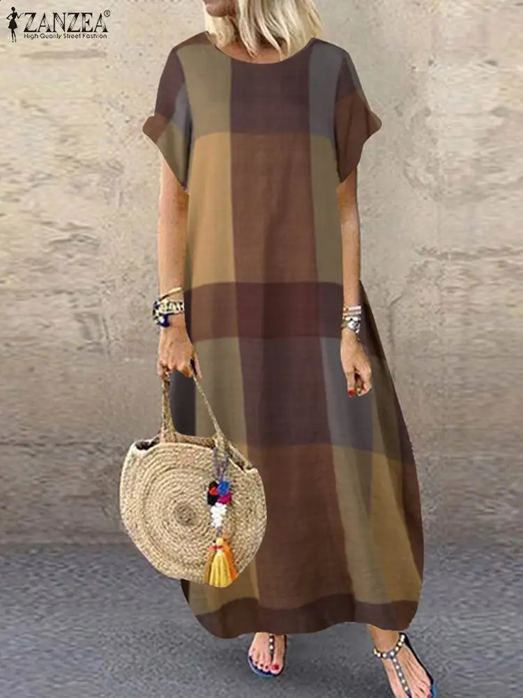 ZANZEA Bohemian plaid Sundress summer short sleeved long dress fashion holiday party Vestido womens casual loose robe 241231