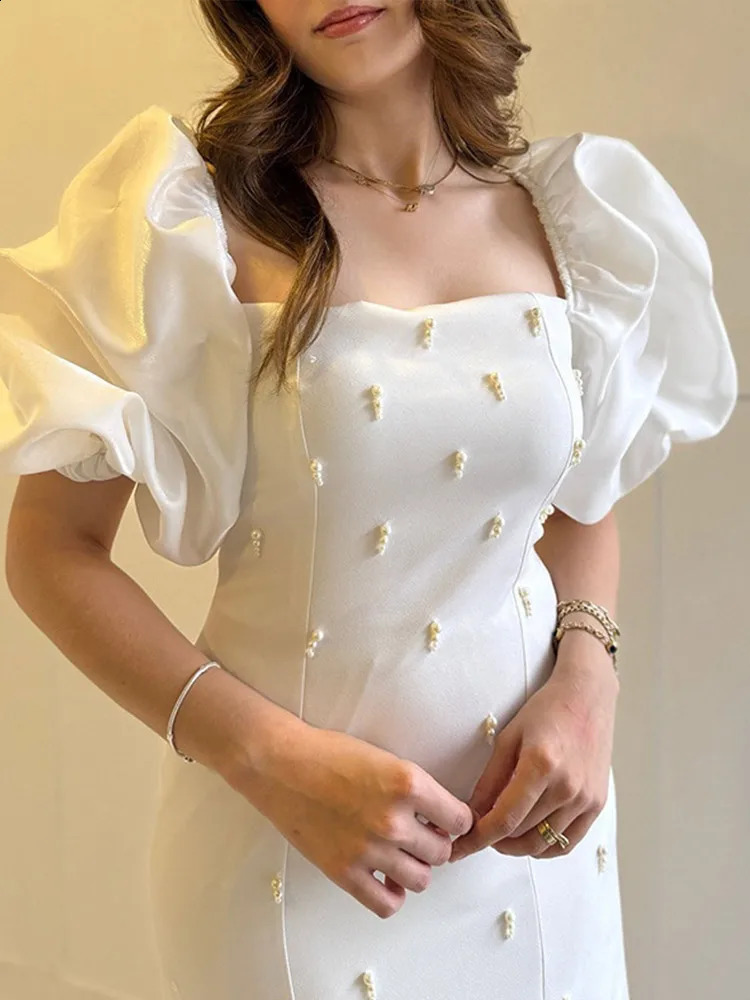 Elegant square neckline womens dress fashionable short sleeved puff sleeves slim fit womens dress 2025 Chinese Year summer womens wedding dress 241230