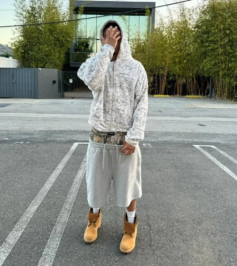 Y2K shorts cotton bag camouflage double waist embroidered sweater shorts Harajuku mens hip-hop high waisted streetwear 241231
