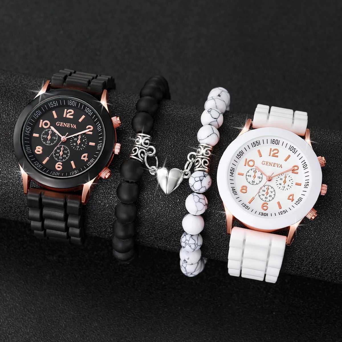 4PCS Couples Fashion Arabic Women Quartz Casual Sile Band Wristlets Magnet Heart-Shed Bracelets SetXJ250304