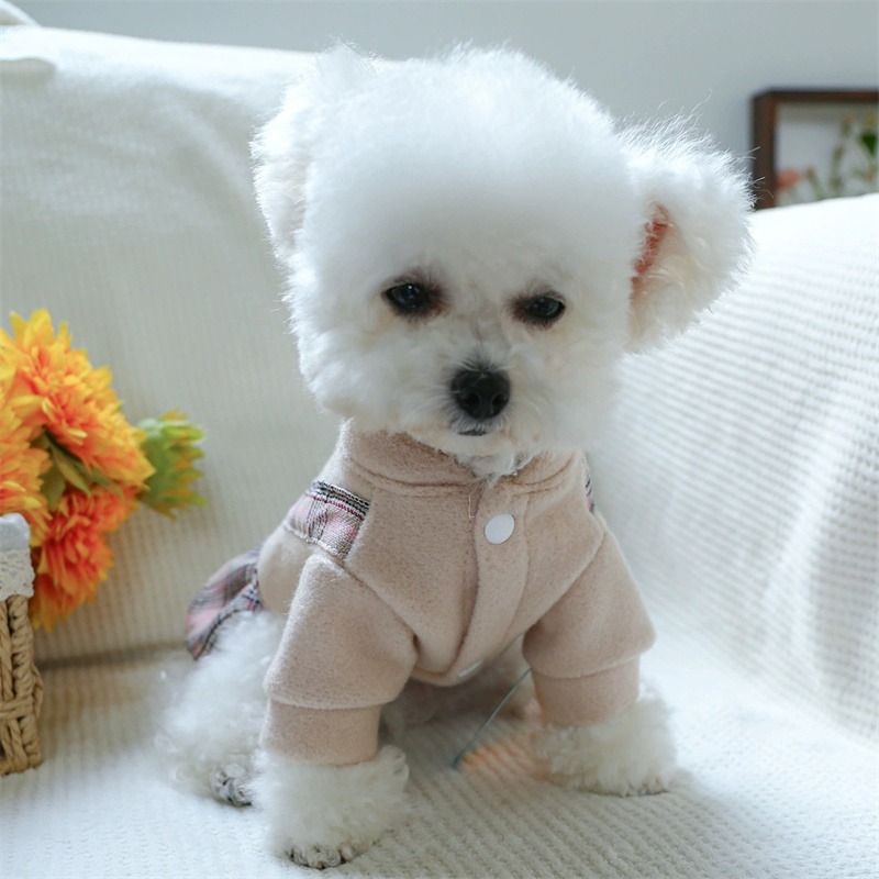 Pet Clothes Cat Autumn/Winter Thick Bear Hug Pink Plaid Princess Dress Suitable for Small and Medium Dogs