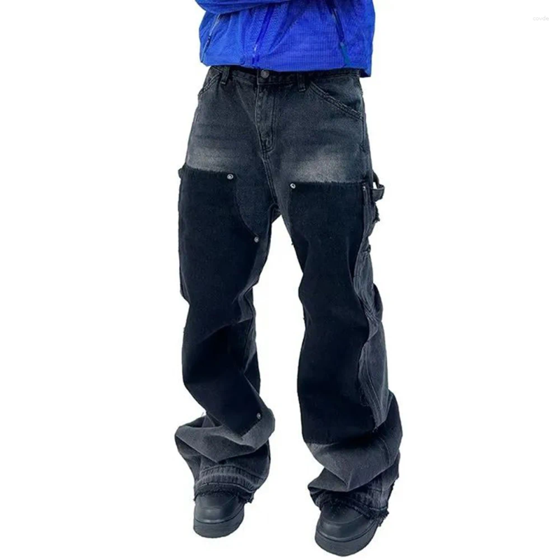 Men's Jeans Y2k Fashion Hip Hop High Street Double Knee Washed Design Rivets Destroyed Tassel Cargo Pocket Men Women Casual Trousers