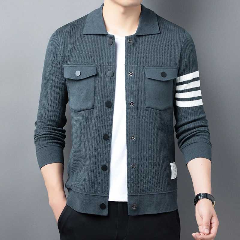 High Quality Mens cardigan sweater lapel sweater jacket autumn mens pocket product trend ultra-thin fit linear casual jacket T250102