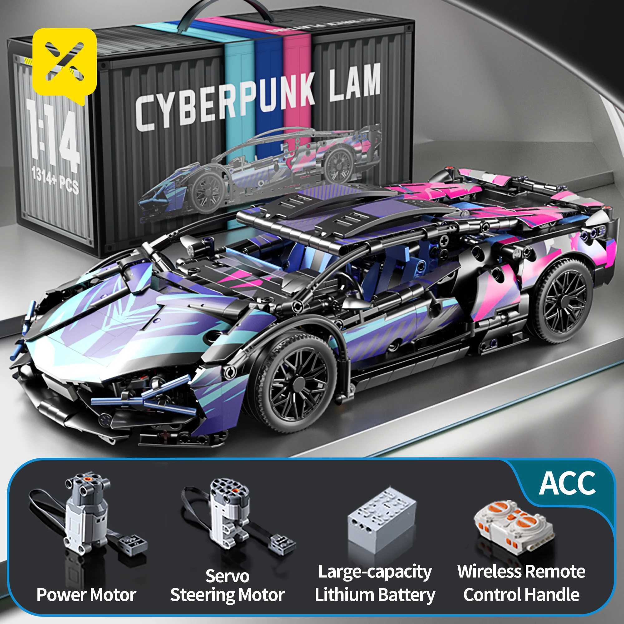 1314 pieces of cyberpunk style high-tech supercar 1 14 Lamborghini building blocks with electric cars childrens toys Christmas gifts W250102