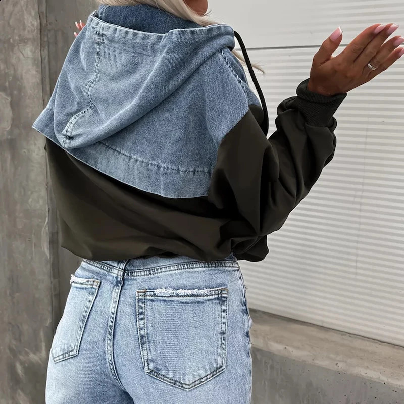 Elegant Women Drawstring Hooded Sweatshirt 2024 Fashion Stitching Denim Female Hoodie Ins High Street Jeans Long Sleeve Shirt 241231