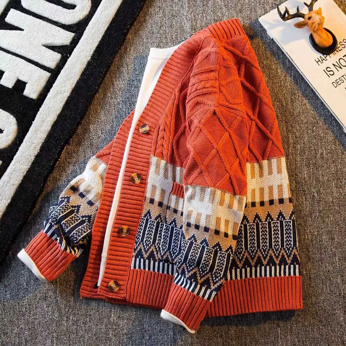 High Quality Spring cardigan mens latte art hip-hop streetwear loose knit Harajuku knit sweater jacket T250102