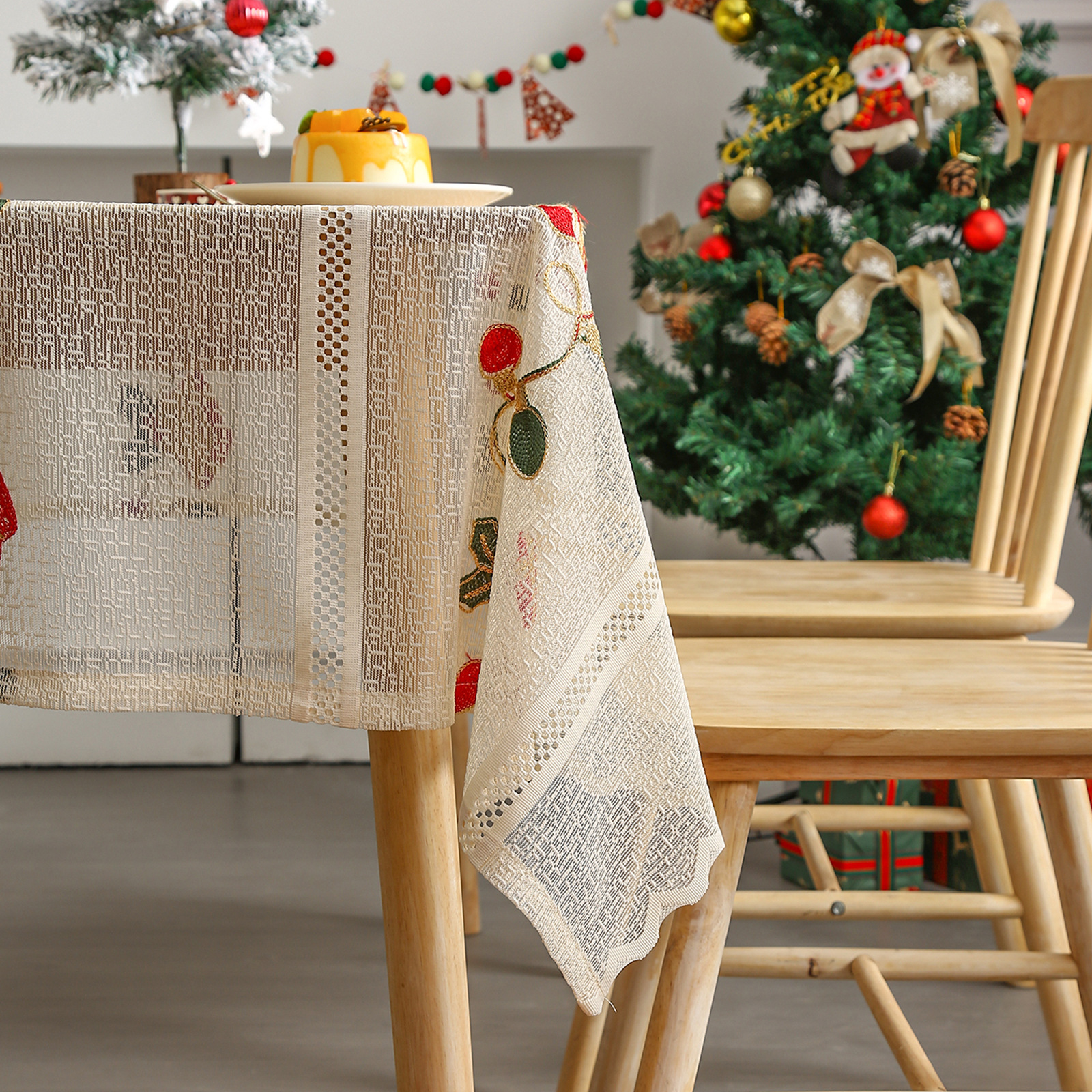 Christmas Tablecloth Bell Embroidery Household Non-slip Lace Rectangular Decoration Living Room Coffee Table Table Mat X-1