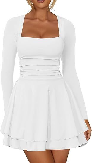 Womens Square Neck Pleated Hem Dress with Waist Cinching Long Sleeved Tight Fitting Short Party Dress