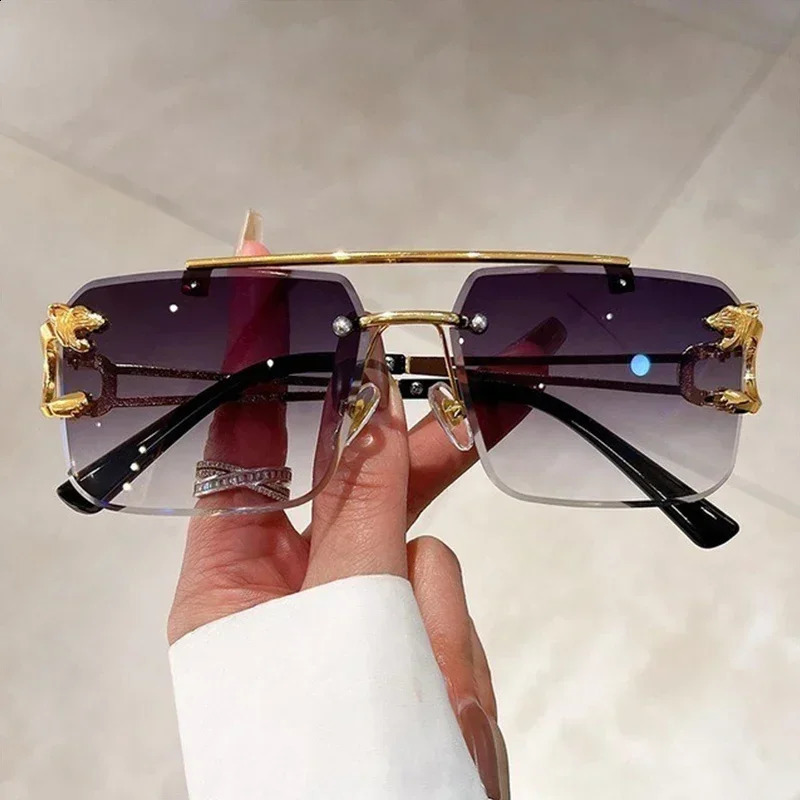 A Pair Of Frameless Dia Cut Edge Box CrossBorder Glasses Leopard Head Sunglasses Men And Women Dual Beams Personalized Tren 241228
