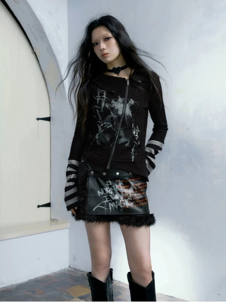 HOUZHOU Gothic Retro Punk Hoodie Womens Retro Grunge Y2k Graphic Stripe Splicing Work Zipper Triptop Spring Fashion 241231