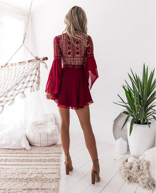 New Water Soluble Lace Hook Flower Hollow V-neck Lace Flare Long Sleeve Chiffon Dress