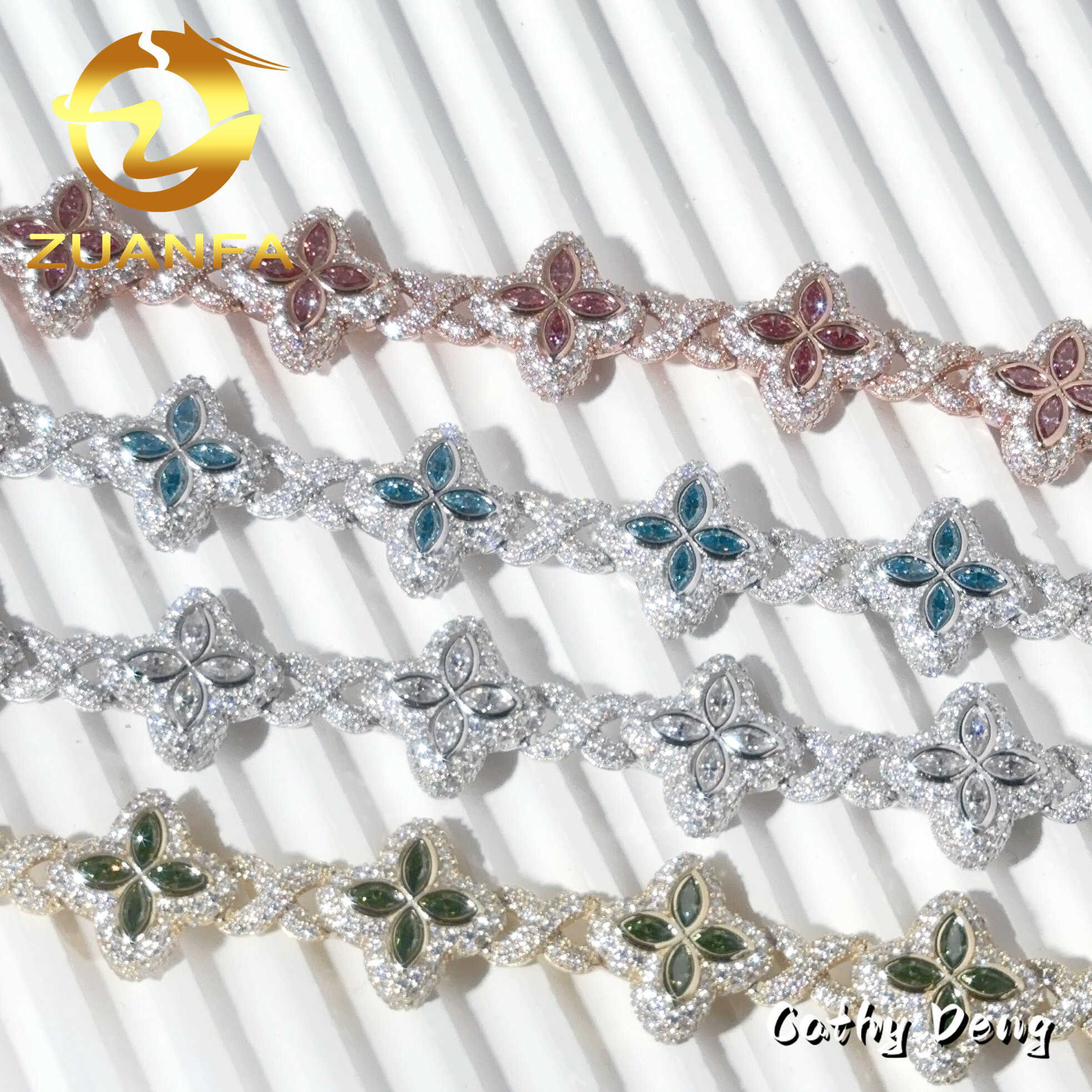 Color Natural Peridot with Moissanite Cuban Link Bracelet 18k white Gold Plated Moissanite Diamond High Quality Hip Hop Bracelet