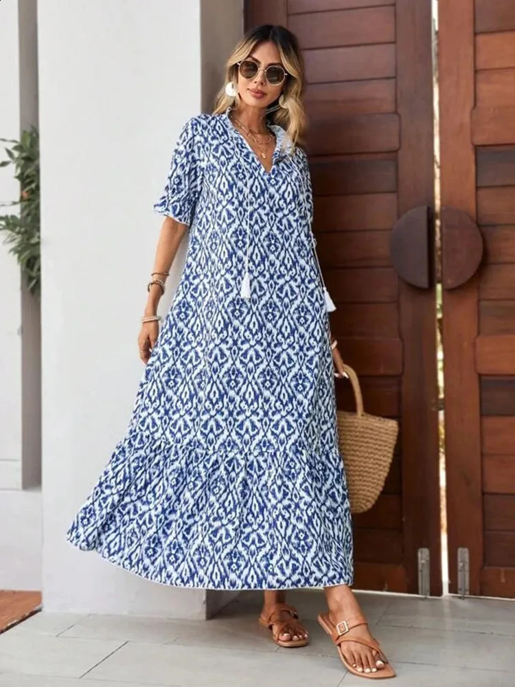 Womens summer chiffon V-neck short sleeved lace A-line long skirt Bohemian lace up swing long beach dress 241231