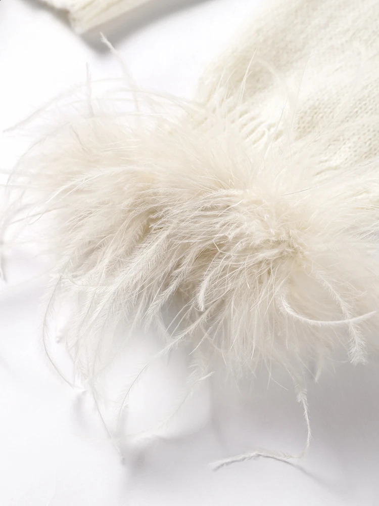 Feather Patchwork Cardigan Women Knit Fashion Single Breasted Turtleneck Loose Long Sleeve Top Sweaters Party Casual Chic Coat 241225