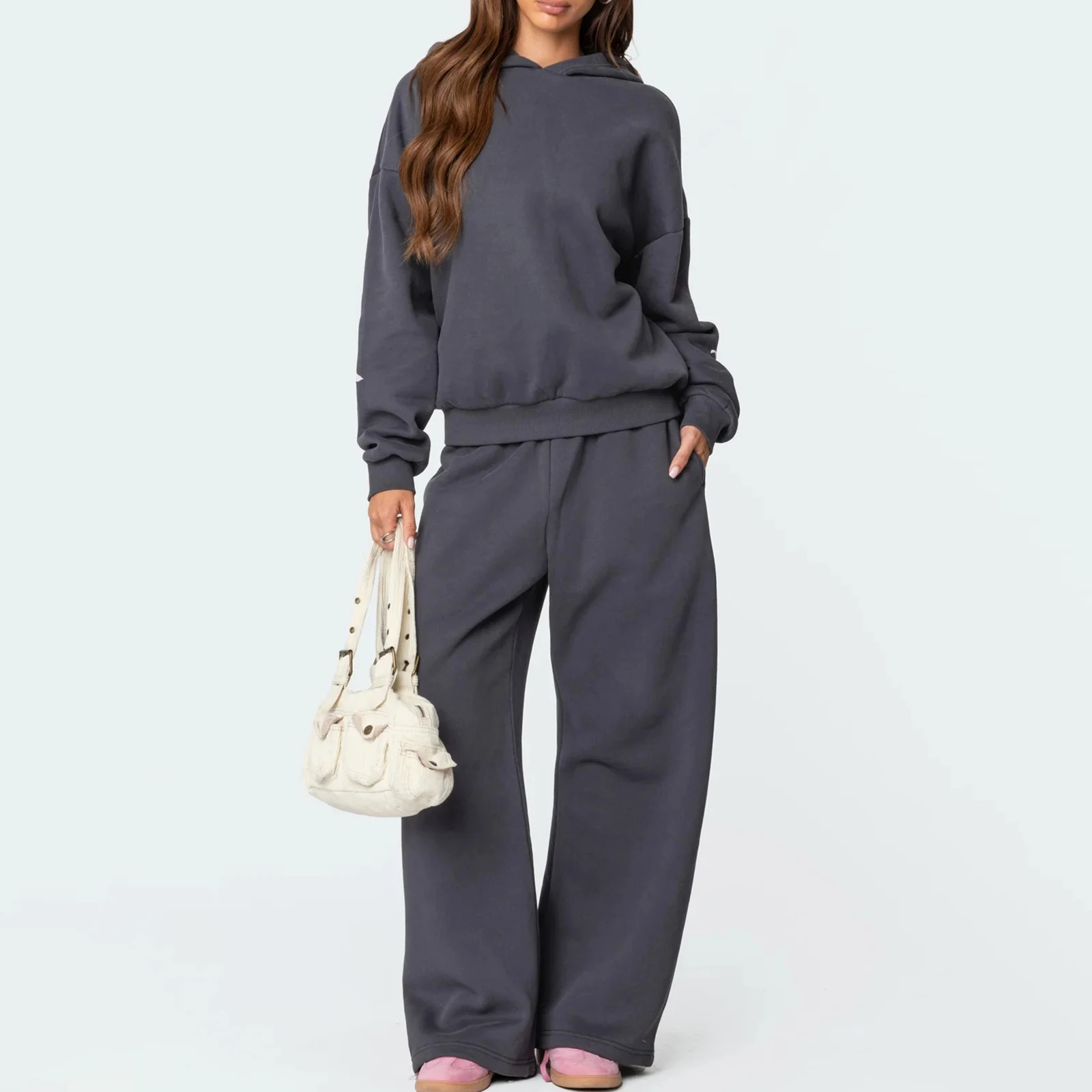 Imcute Bow Print Sweat Set for Women Two Piece Tracksuit Long Sleeve Oversized Hoodie Wide Leg Sweatpants 2 Piece Outfits 250102