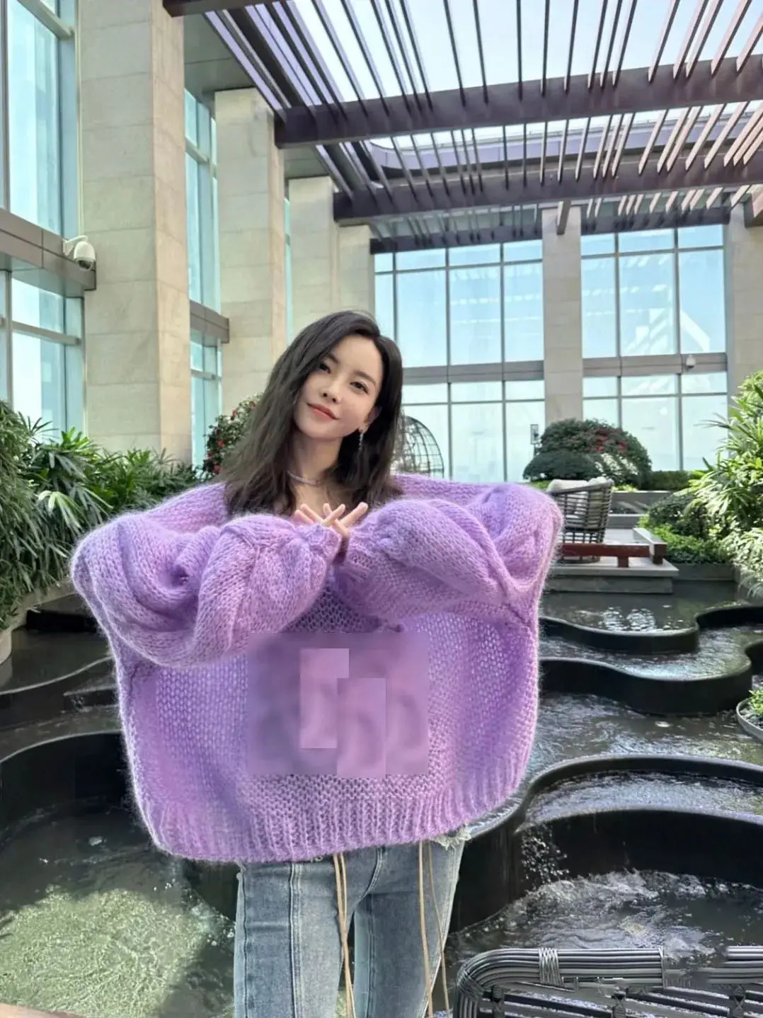 Winter Oversized Knitted Pullover Women Casual Crew Neck Solid Purple Twisted Long Sleeve Tops Lady Mohair Sweater 241231