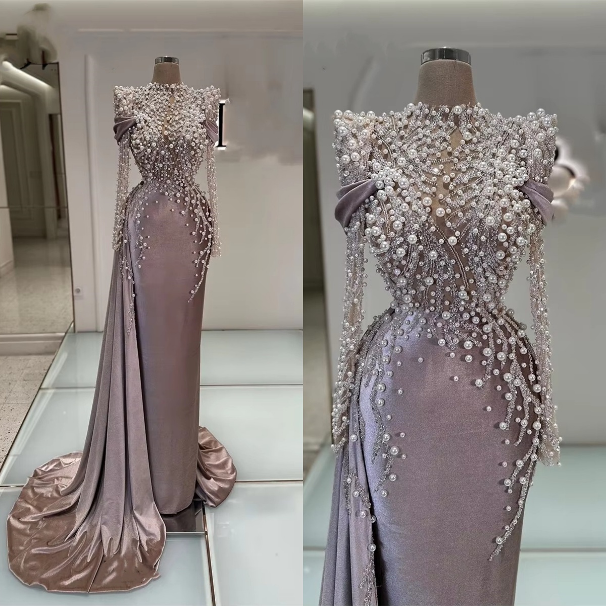 Evening Dresses For Women High Collar Long Sleeves Gown Sequins Pearls Ruffles Sweep Train Customized Dress Party