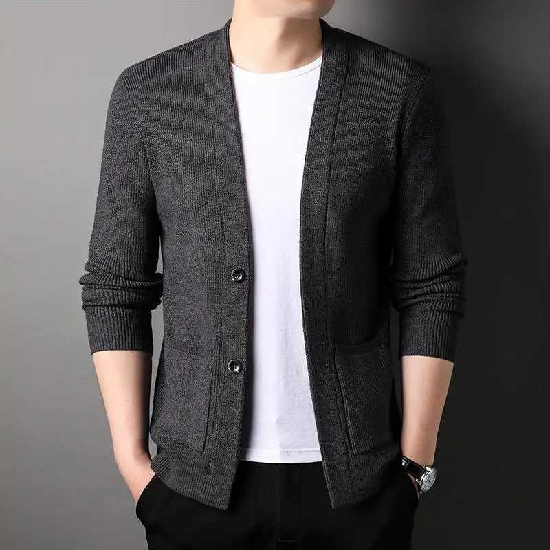 Spring/Autumn New Knitted Open Knitted Woolen Sweater Mens Korean Edition Trend Outward Sweater for Young Middle aged and Elderly Simple Casual Jacket