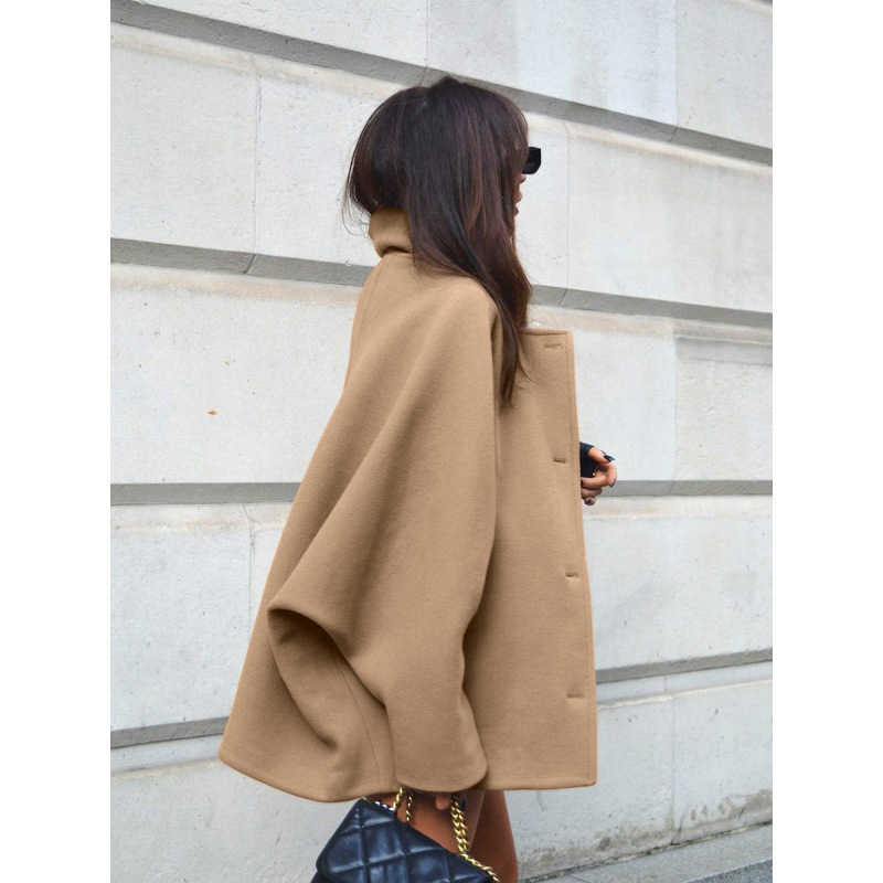 Autumn Fashion High End Brown Woolen Lapel Bat Sleeves Cardigan Coat Minimalist Commuter Womens Wear
