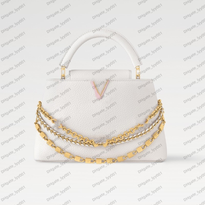 New Women Capucines BB M12279 Silver Sea Taurillon leather Cowhide enameled Gold-toned flap bag zipped pocket metal base feet triple chain padlocks bags Trilogy Flip