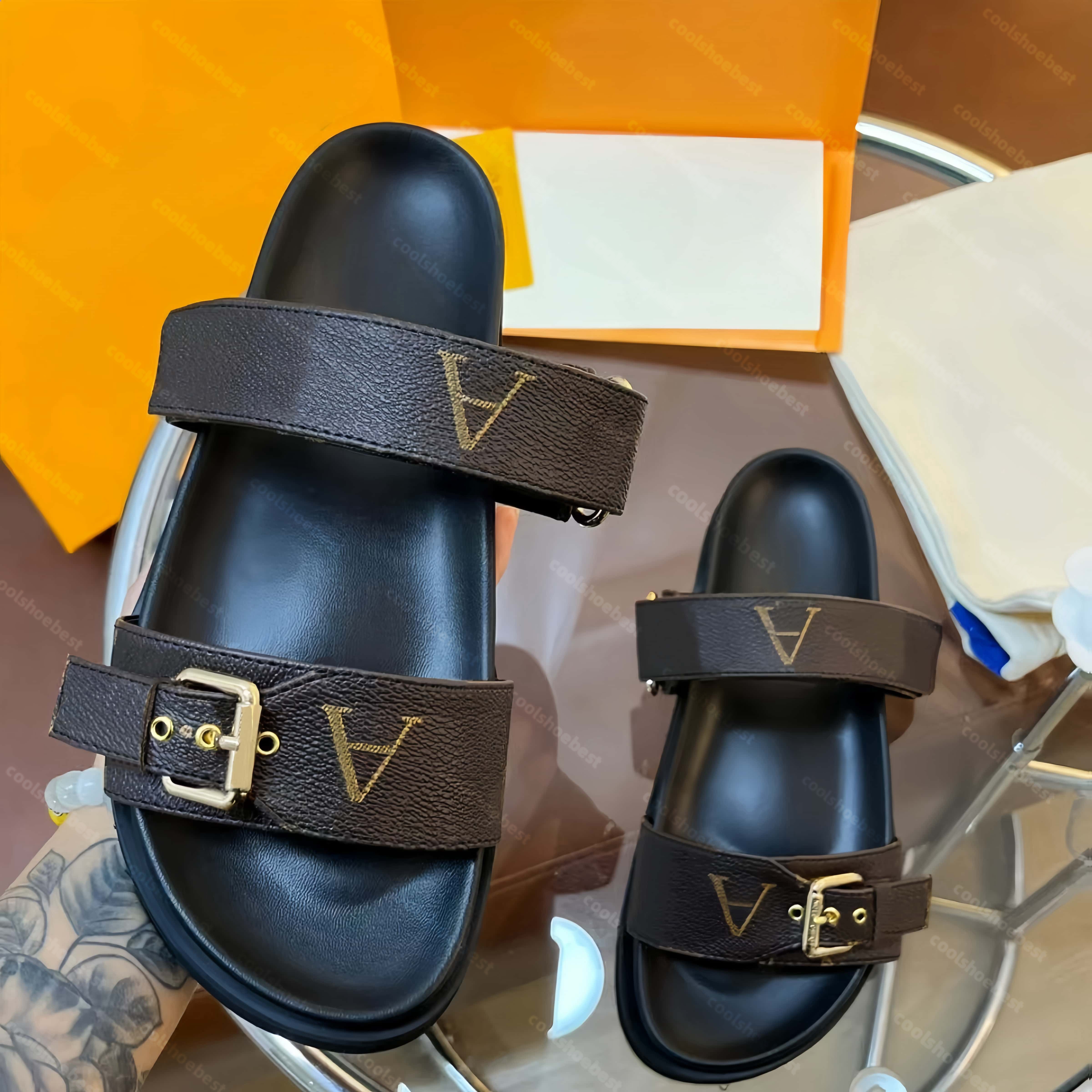 Women mens Designer sliders bom dia flat Mule COMFORT Sandal Luxury Slipper Leather shoe Floral denim Slide brown Summer Rubber Beach Shoes Loafer travel sandale