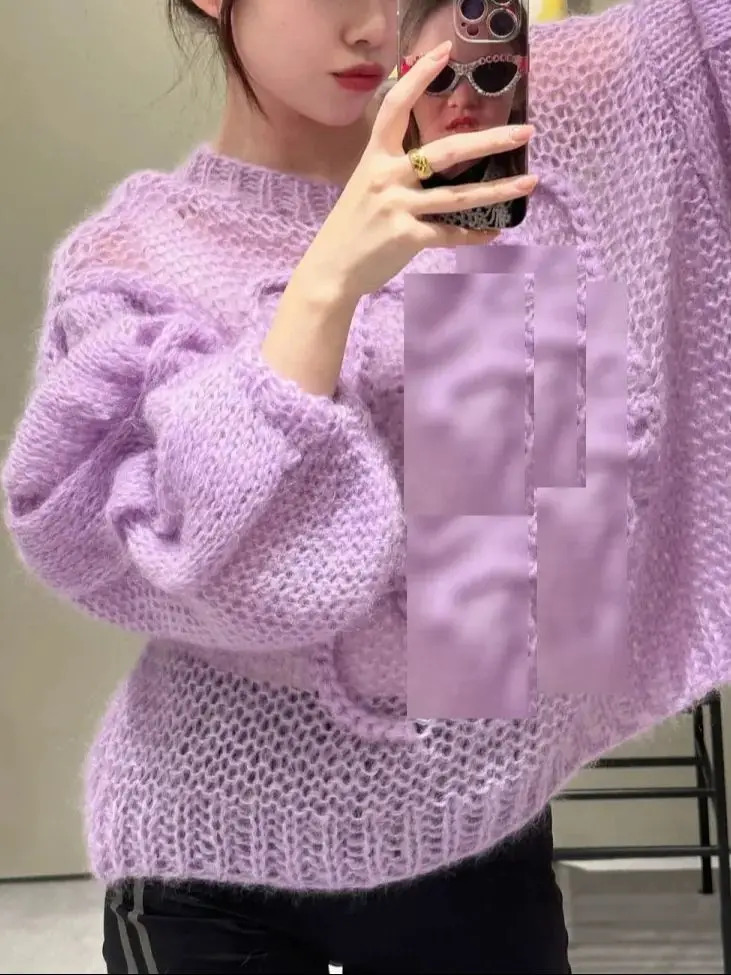 Winter Oversized Knitted Pullover Women Casual Crew Neck Solid Purple Twisted Long Sleeve Tops Lady Mohair Sweater 241231
