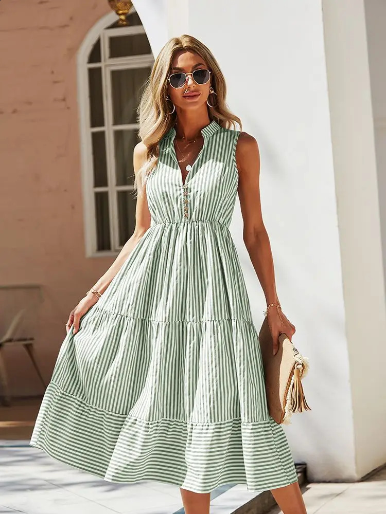 Womens Retro Bohemian Summer Dress Womens Sleeveless Casual Holiday Striped Shirt Womens Sundress Dress Womens Robe Vest 241231