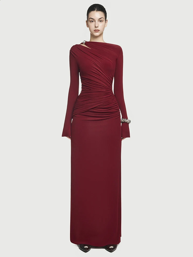 DEAT Elegant Dress Hollow Asymmetric Fold Splicing Solid Color Womens Evening Dress 2025 Spring Trendy 35Z1623 241231