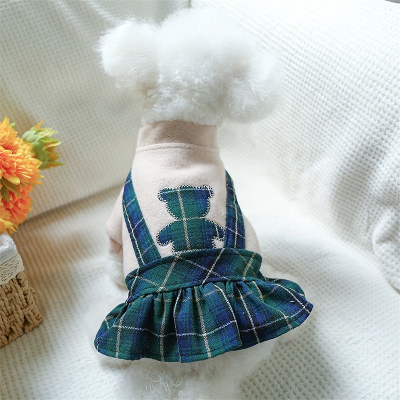 Pet Clothes Cat Autumn/Winter Thick Bear Hug Pink Plaid Princess Dress Suitable for Small and Medium Dogs