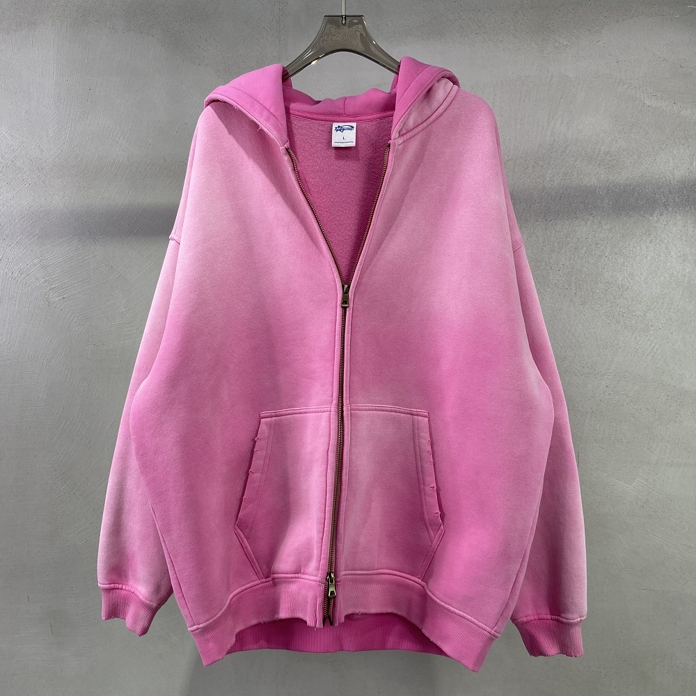 Batik Fleece Zippered Destoryed Hoodie Washed High Quality Street Hooded