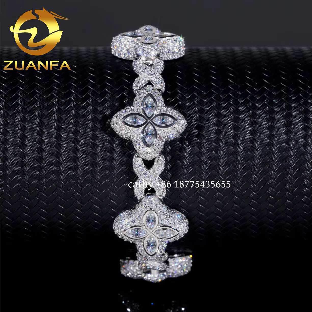 New Fashion Marquise Flower Design Hip hop Jewelry Iced out Men Women Moissanite Bracelet Men 925 Silver Moissanite Bracelet