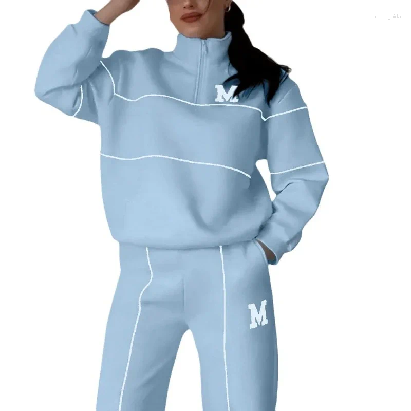 Womens Two Piece Pants Sets Women Pant Set Zipper Tracksuit Jogger Loose Sweatshirts Print Letter Elastic Waist Long Autumn Winter