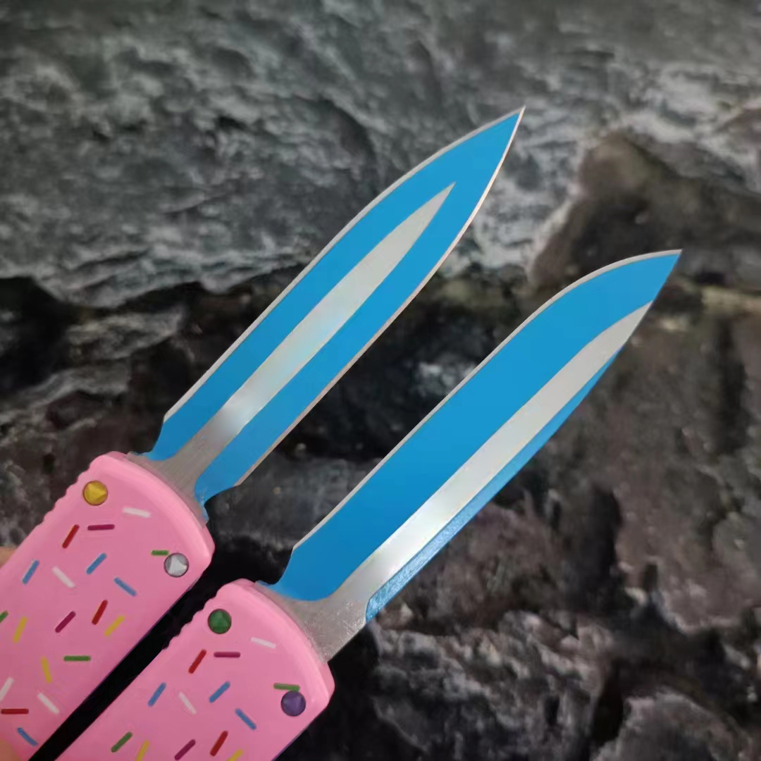 High End Knife D2 Blued Blade Pink Aviation Aluminum Handle Outdoor Camping Hiking Survival Tactical Knives with Nylon Bag