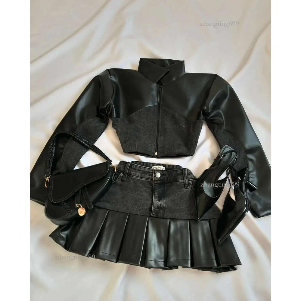 Blokette Two Piece Sets Y2K Pu Leather Spliced Denim Black Skirt Harajuku Gothic Sexy Zipper Jacket Mini 241116