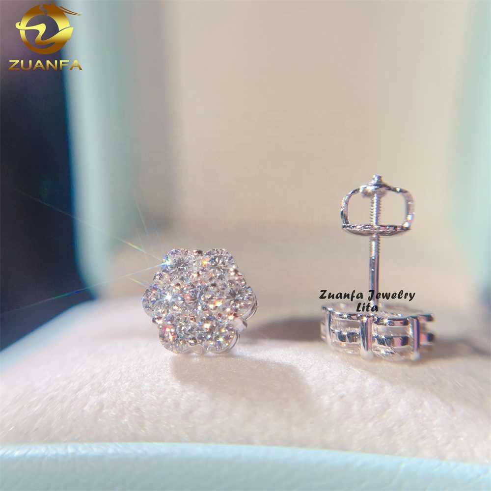 Pass Diamond Tester Screw Back Fashion 925 Sterling Silver Flower Moissanite Earrings