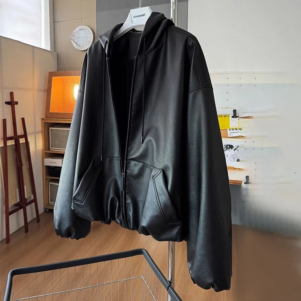 Mens fashion casual Y2k silhouette hooded leather jacket mens autumn and winter smooth windproof motorcycle jacket mens clothing 241230