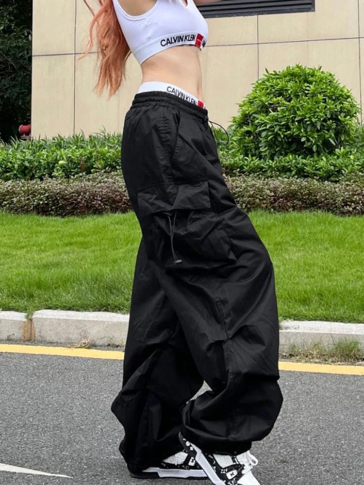 Y2K Parachute Black Pants Women Hippie Streetwear Oversize Pockets Cargo Trousers Harajuku Wide Leg Baggy Sweatpants 241231