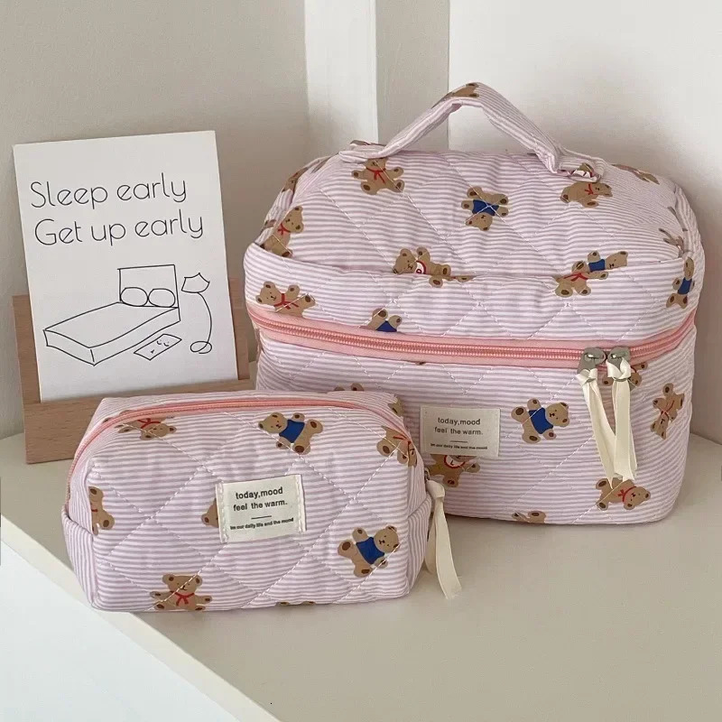 Pink Bear Quilting Women Cosmetic Bag Cute Zipper Makeup Travel Organizer Female Handbag Toiletry Pouch for Girls 250102