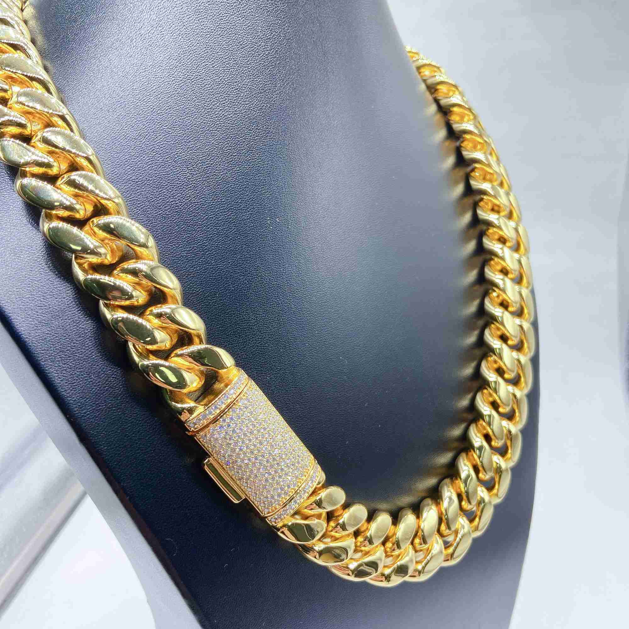 Hip Hop Iced Out vvs Moissanite Clasp Custom 8mm 10mm 12mm 14mm Stainless Steel Jewelry Chain Gold Necklace