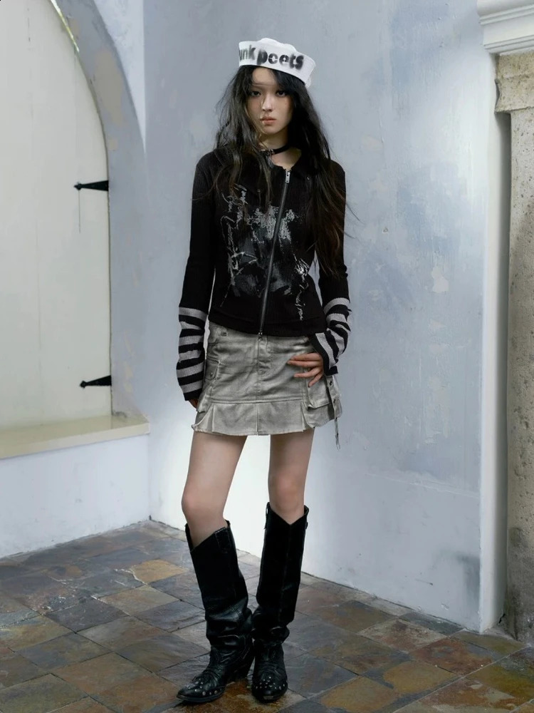 HOUZHOU Gothic Retro Punk Hoodie Womens Retro Grunge Y2k Graphic Stripe Splicing Work Zipper Triptop Spring Fashion 241231