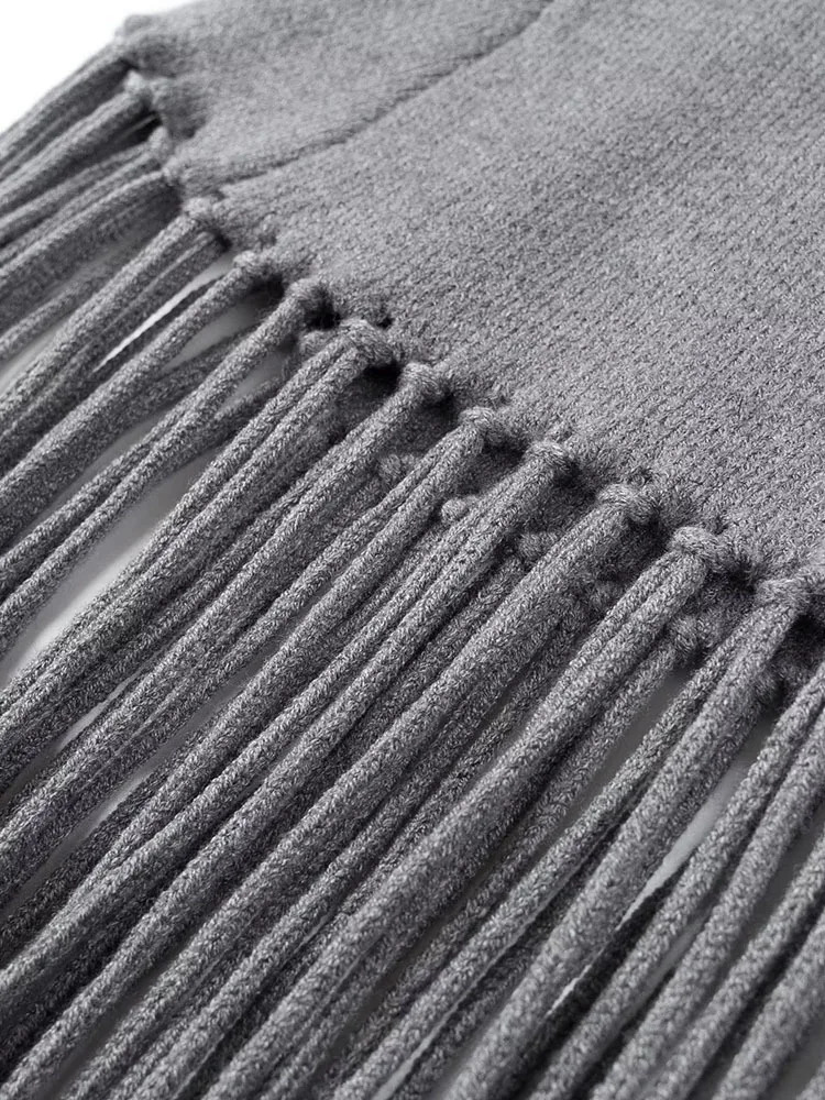 DEAT Fashion Womens Kitted Pullovers Stand Collar Loose Gray Patchwork Tassel Sweater Autumn2024 3WM1571 241231