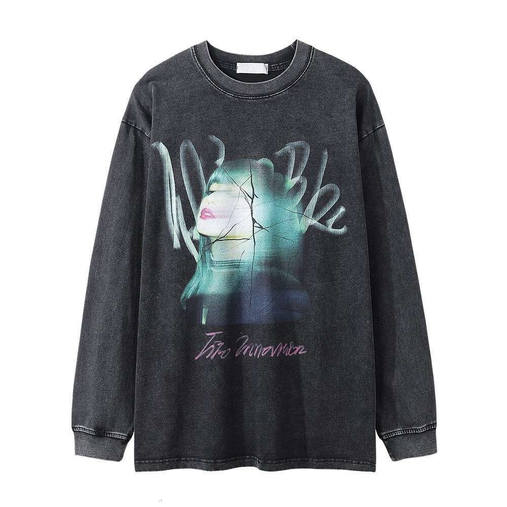 Star poster portrait printed long sleeved men's ins trendy loose casual washed vintage round neck T-shirt