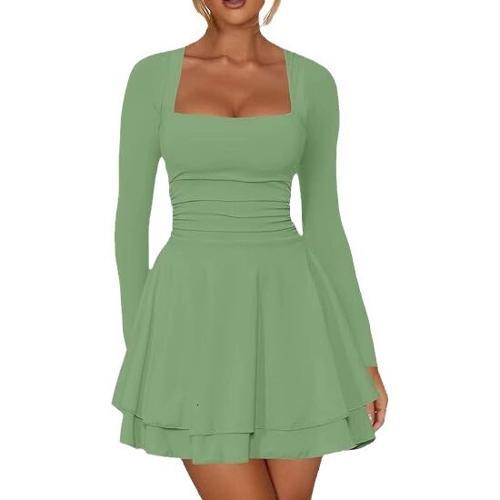 Womens Square Neck Pleated Hem Dress with Waist Cinching Long Sleeved Tight Fitting Short Party Dress