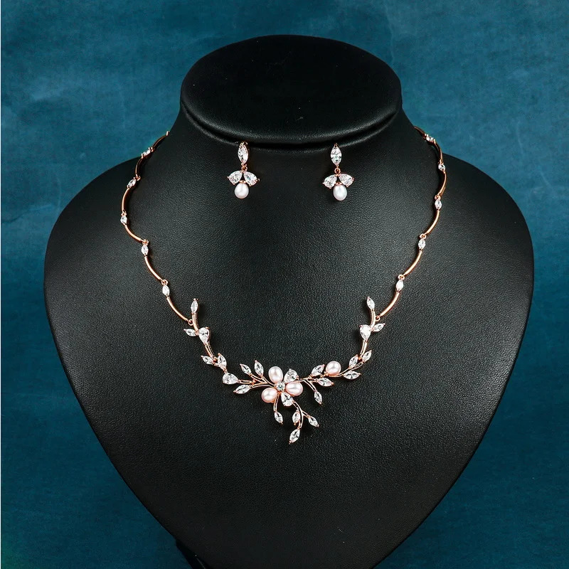 WEIMANJINGDIAN Floral Cubic Zirconia Shell Pearl Bridal Wedding Jewelry Necklace and Earring Set 241231 Z260313