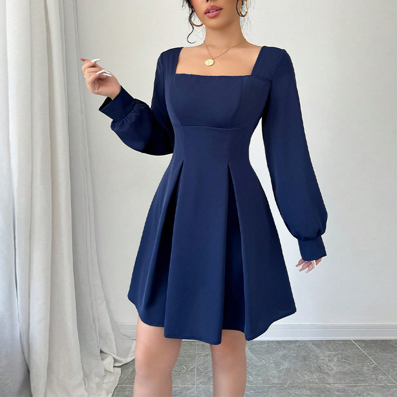 Womens Temperament Solid Color Square Collar Lantern Long Sleeved Dress Slim Fit and Slimming A-line Skirt
