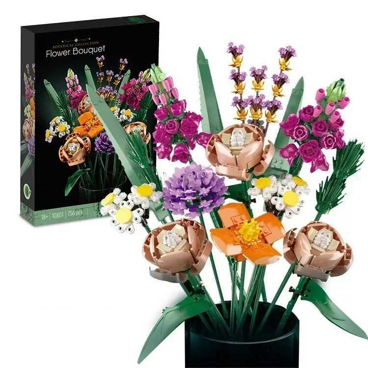 Bouquet of roses orchids building blocks DIY Potted Illustration holiday girlfriend Christmas gift childrens toys W250102