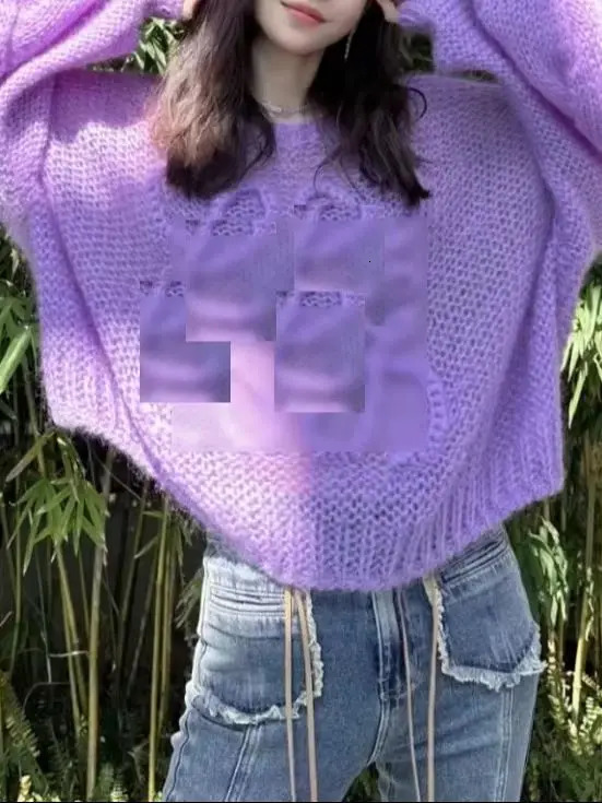 Winter Oversized Knitted Pullover Women Casual Crew Neck Solid Purple Twisted Long Sleeve Tops Lady Mohair Sweater 241231