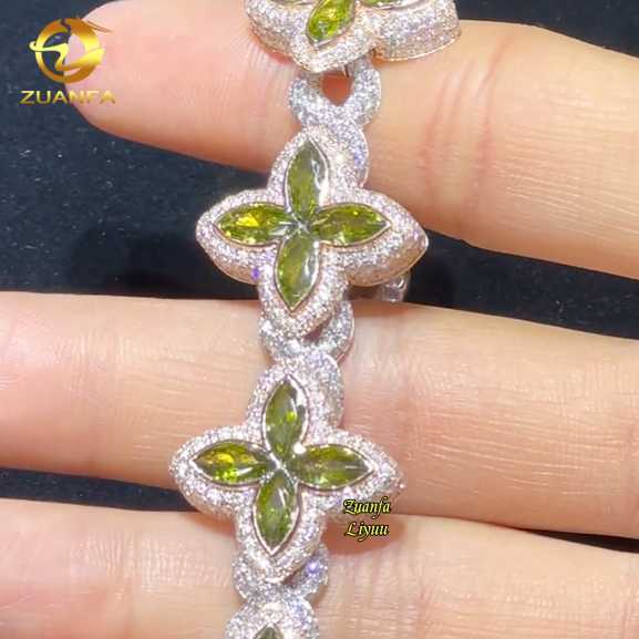 Two Tone Customized Moissanite Diamond Cuban Link Chain Hip Hop Silver Olive Green Marquise Moissanite Cuban Necklace Bracelet