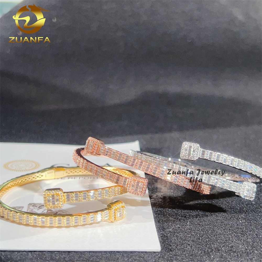 New Arrivals Iced Out Jewelry Hip Hop Custom Silver Baguette Moissanite Diamond Bracelet Bangle