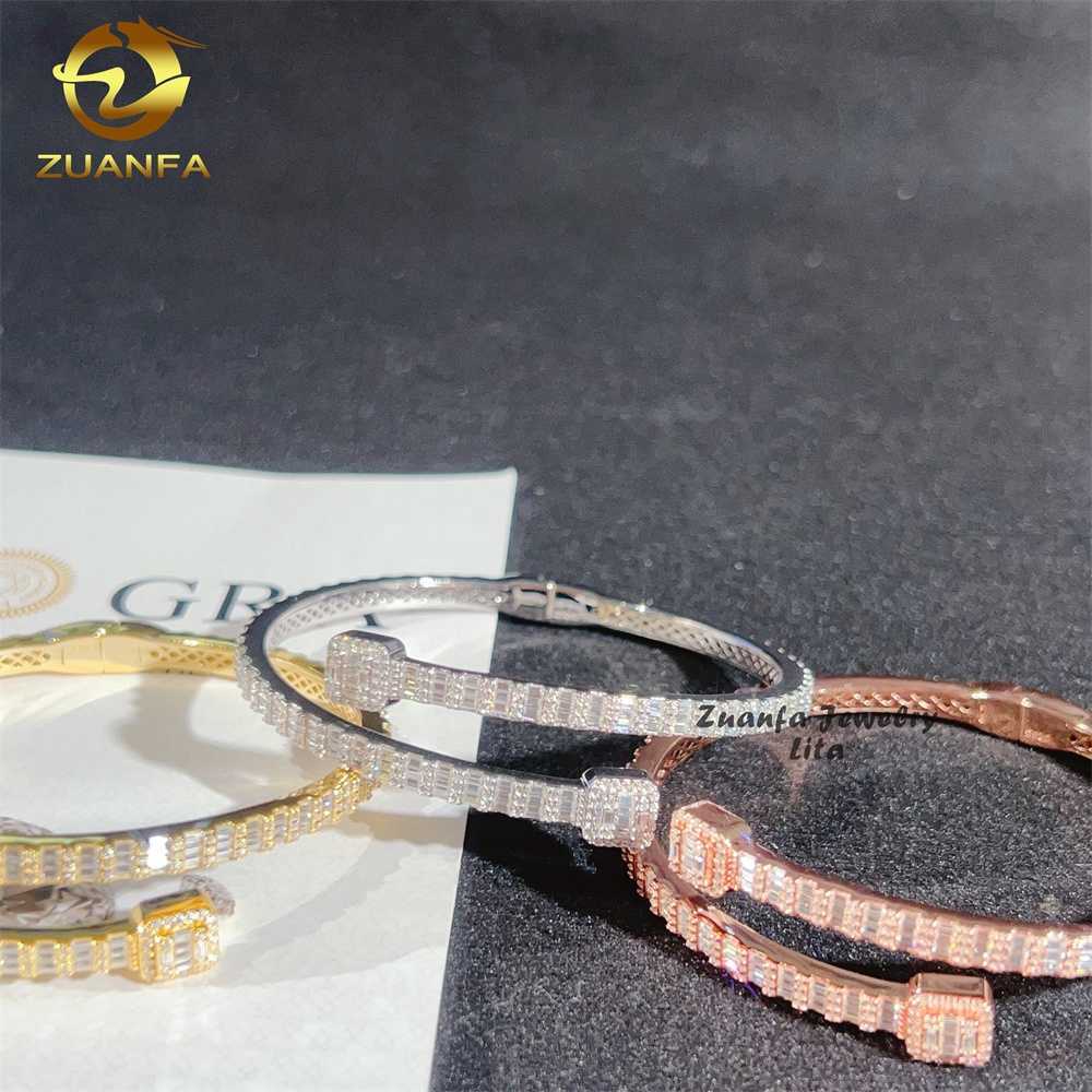 New Arrivals Iced Out Jewelry Hip Hop Custom Silver Baguette Moissanite Diamond Bracelet Bangle